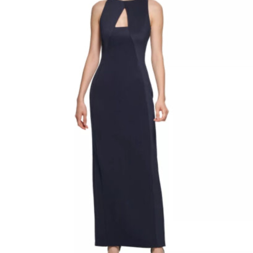 NWT CALVIN KLEIN Women's Solid Seamed Keyhole Gown 4 Navy Blue